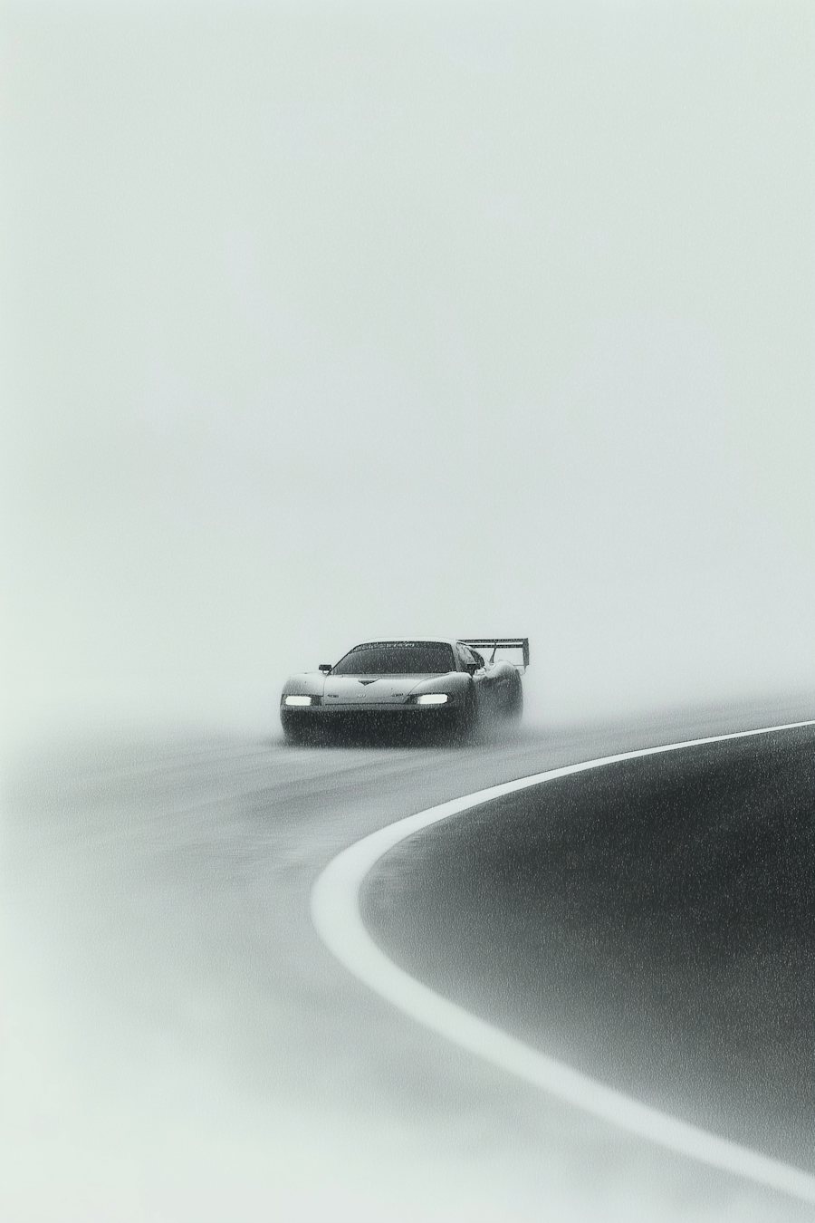 Une voiture, phares allumés, sort de la brume dans un virage.